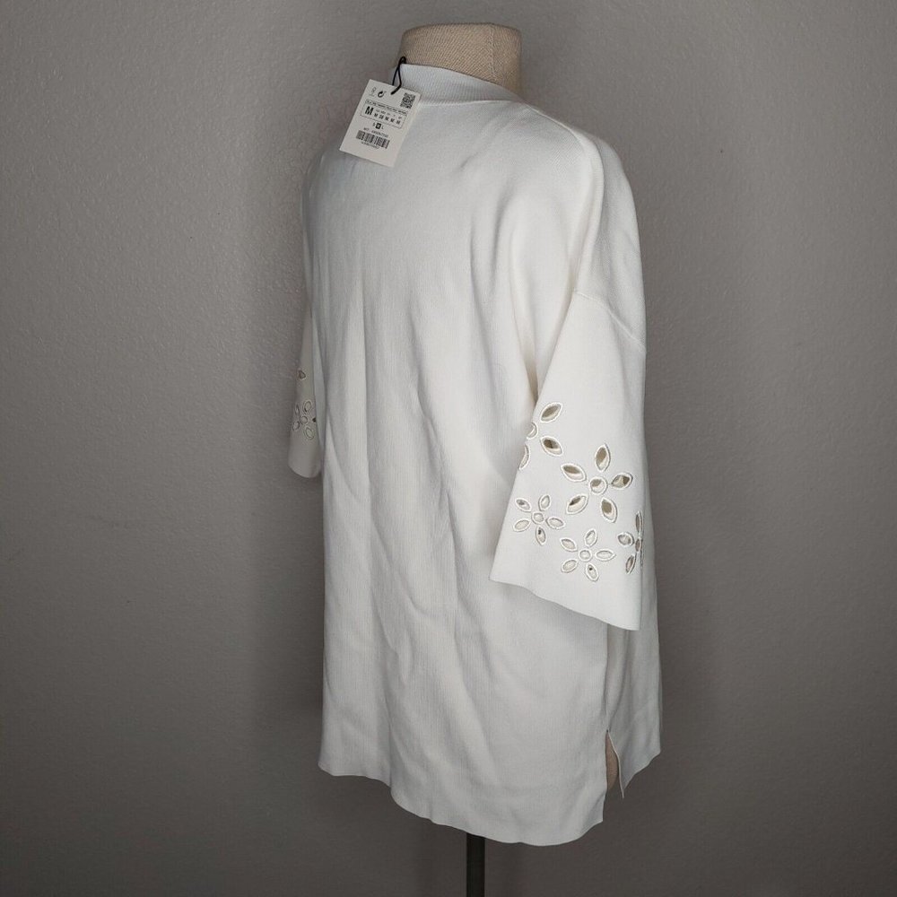 Zara Womens Top Medium Ribbed Short Sleeve Embroidered Flower Sleeves Ivory - Picture 7 of 16